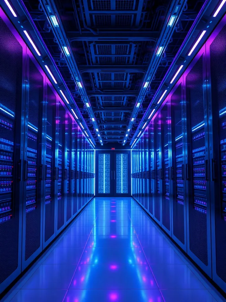 Professional clean high-tech server room with blue and purpl